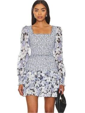 LoveShackFancy Light Blue Floral Smocked Mini Dress